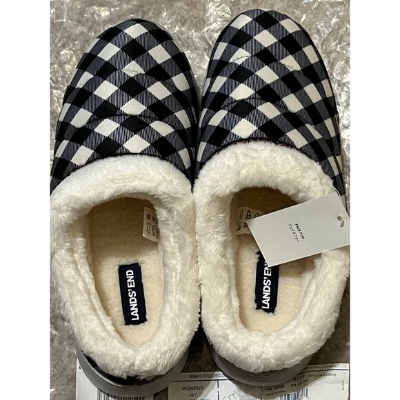 Lands’ End Clog Slippers Black Buffalo Check Faux Fur Ultralight Size 7 NEW - Picture 1 of 7